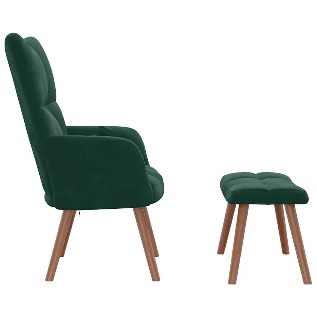 Green Velvet Upholstered Armchair with Matching Stool
