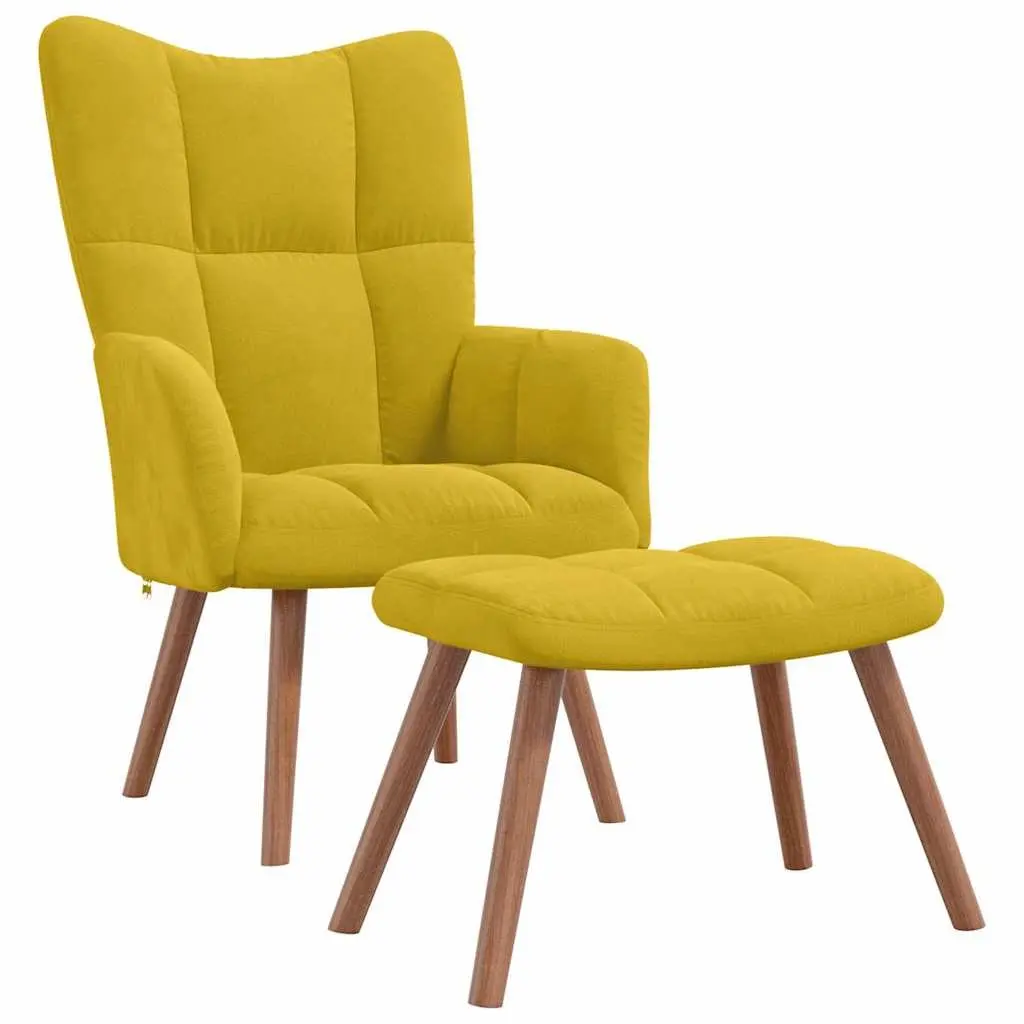 Armchair Set for Living Room or Bedroom Mustard Yellow Velvet Padded with Footstool