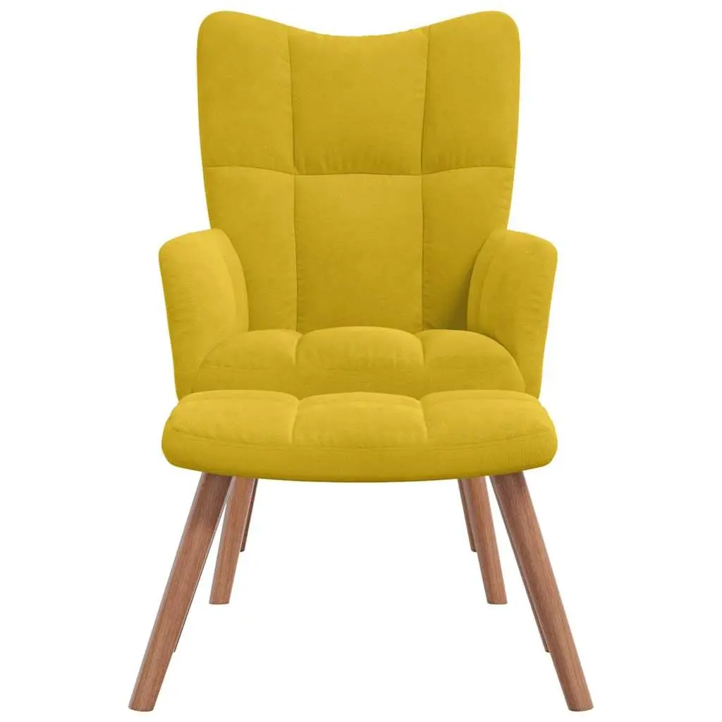 Armchair Set for Living Room or Bedroom Mustard Yellow Velvet Padded with Footstool