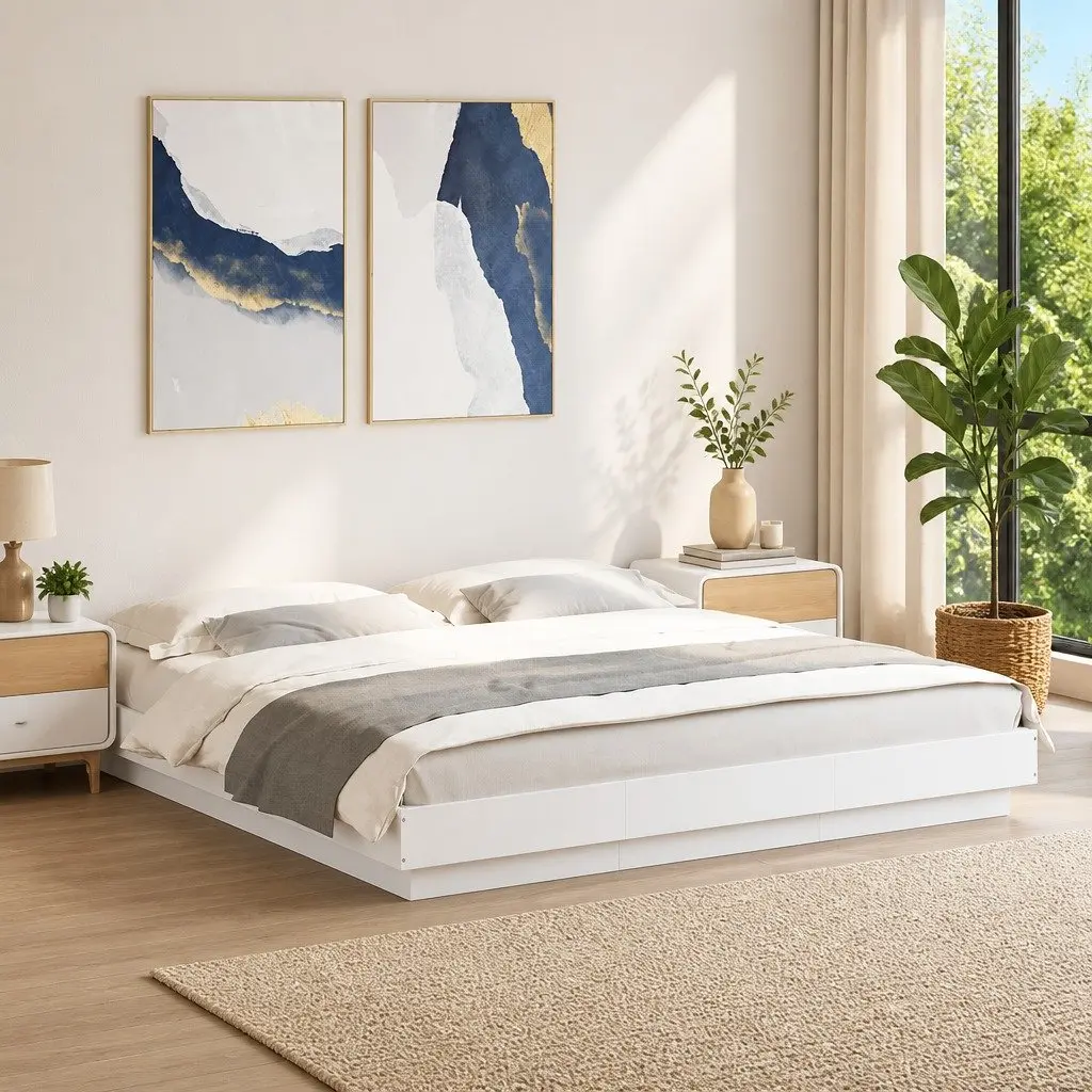 King Bed Frame for Bedroom with RGB LED Lights White 183x203 cm Engineered Wood Slatted Base