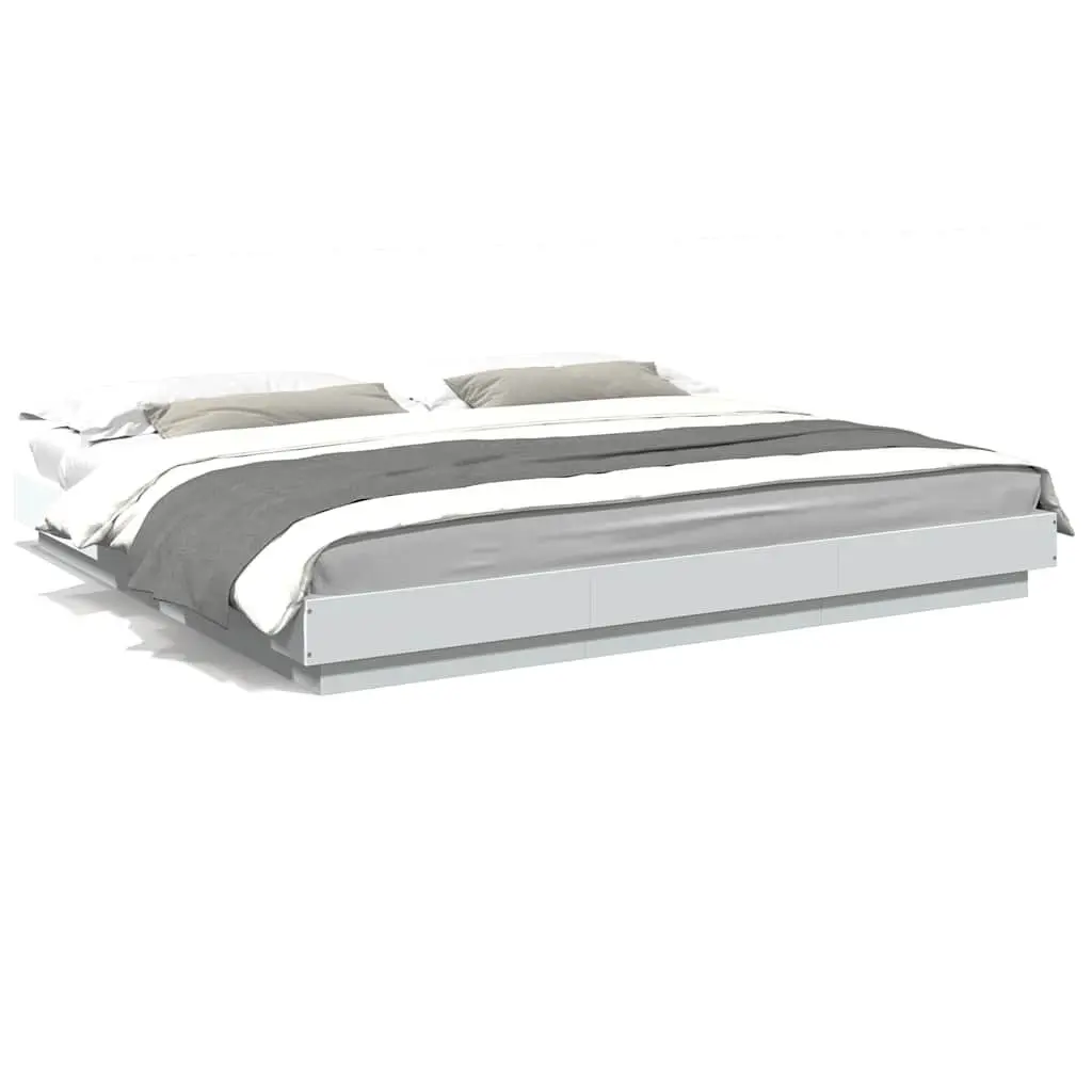 King Bed Frame for Bedroom with RGB LED Lights White 183x203 cm Engineered Wood Slatted Base