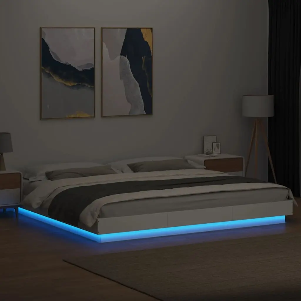 King Bed Frame for Bedroom with RGB LED Lights White 183x203 cm Engineered Wood Slatted Base