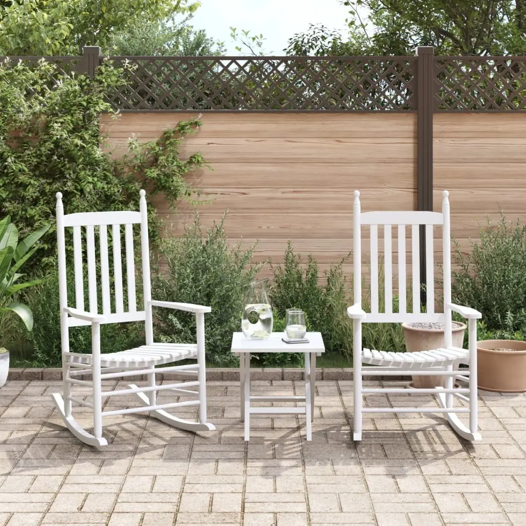 Rocking Chairs Set of 2 for Patio and Garden White Solid Wood High Back Curved Seat Armrest