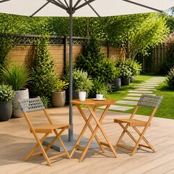 3 Piece Grey Bistro Set: Acacia Wood & Rattan