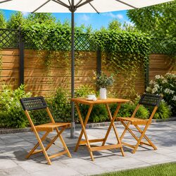 3 Piece Bistro Set: Acacia Wood and Rattan Construction