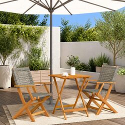 3 Piece Foldable Bistro Set: Grey Poly Rattan & Wood