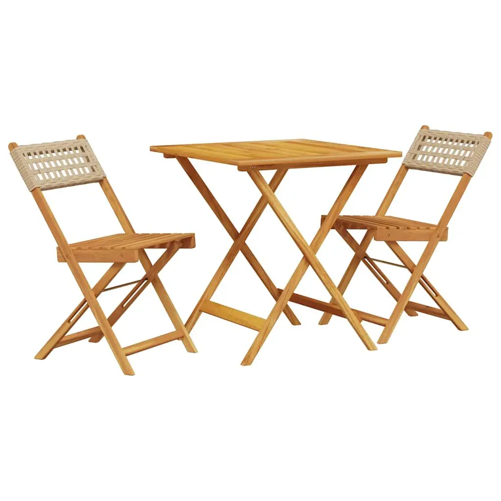 3 Piece Bistro Set Outdoor Furniture Folding Beige Poly Rattan Acacia Wood