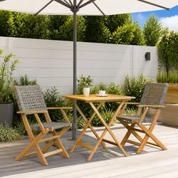 Folding 3 Piece Bistro Set - Grey Poly Rattan & Wood