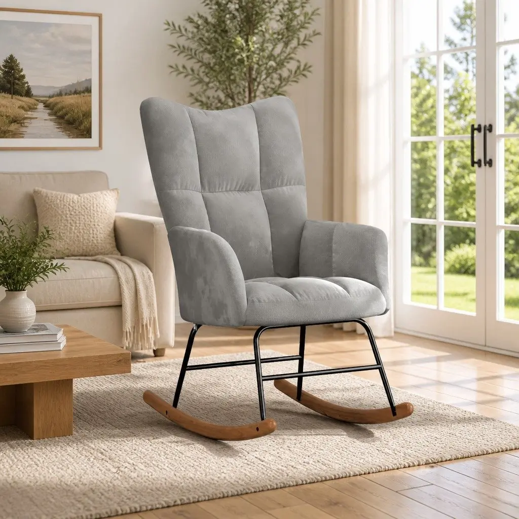 Grey Velvet Rocking Chair with Steel Frame
