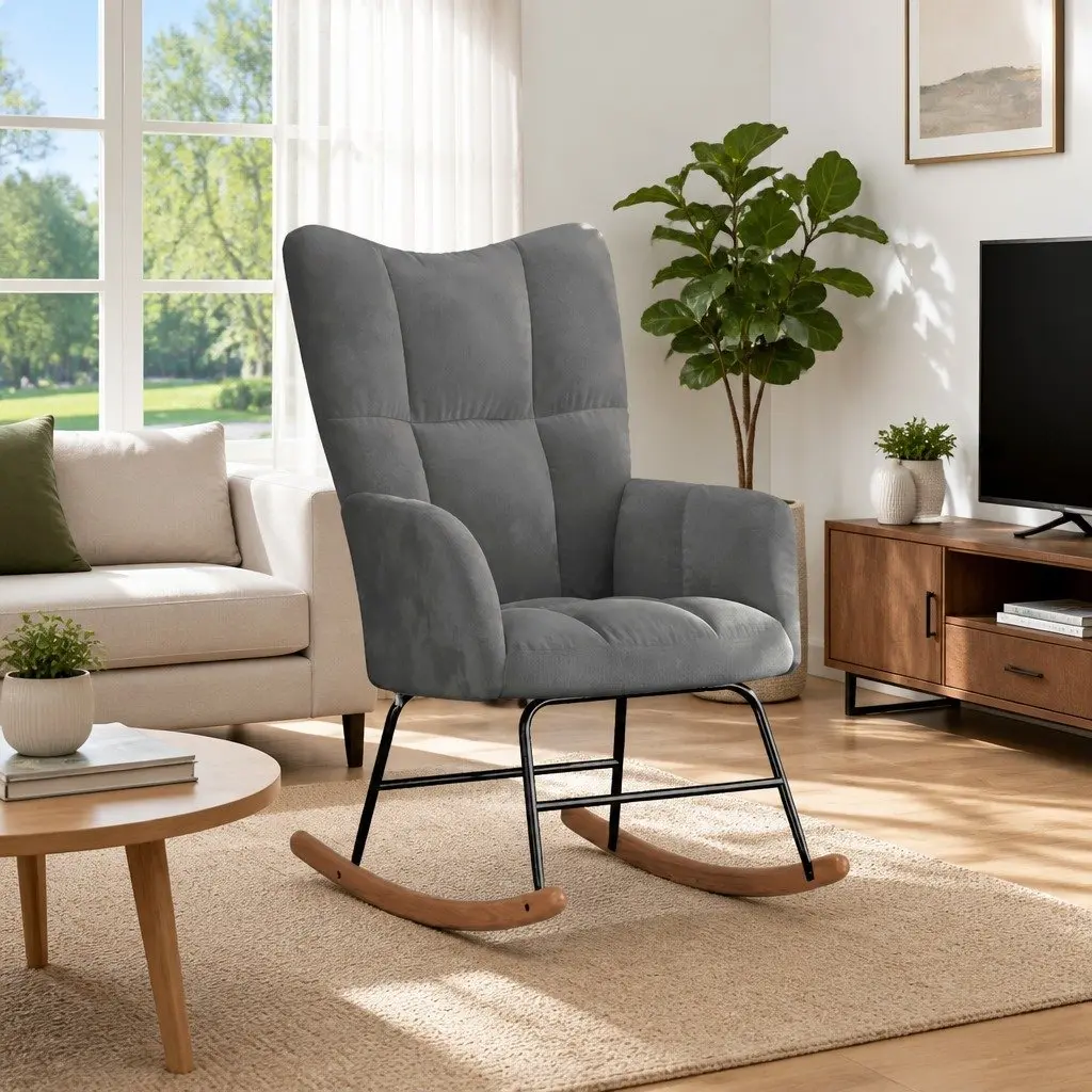 Rocking Chair Grey Velvet Upholstered Padded Armchair Modern Living Room