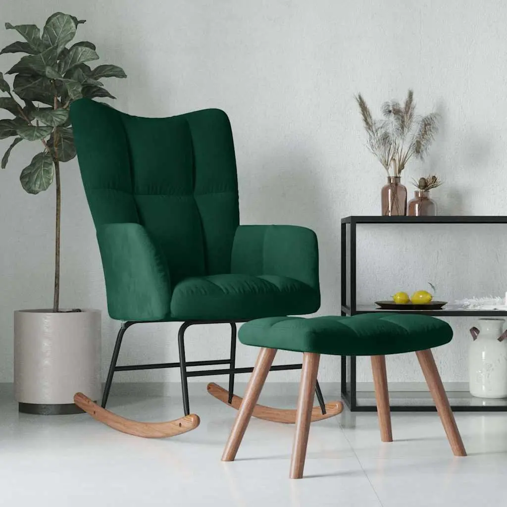 Rocking Chair with Stool Dark Green Velvet Armchair Lounge Relaxing Seat