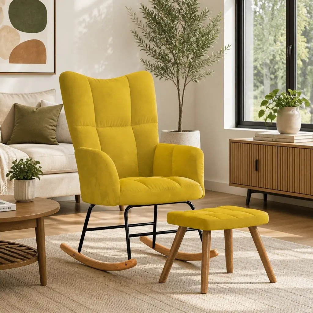 Yellow Velvet Rocking Chair with Stool