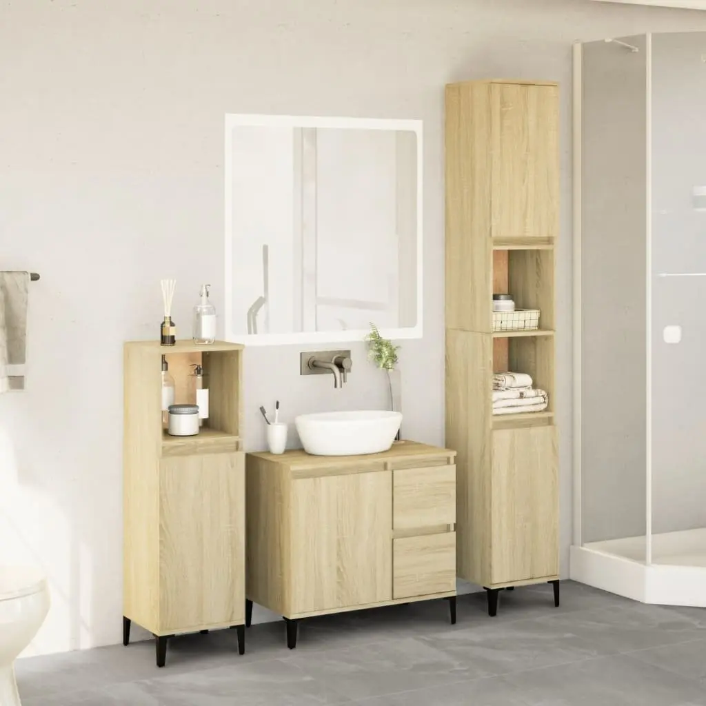 3 Piece Bathroom Set Engineered Wood Sink Vanity Brown Storage Cabinet