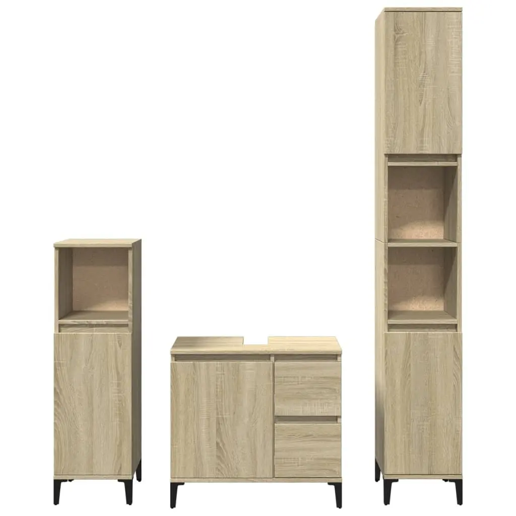 3 Piece Bathroom Set Engineered Wood Sink Vanity Brown Storage Cabinet