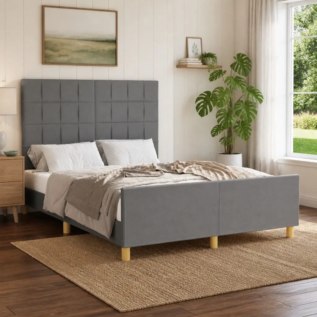 Double Bed Frame Grey Fabric Headboard 137x187cm Bedroom Furniture