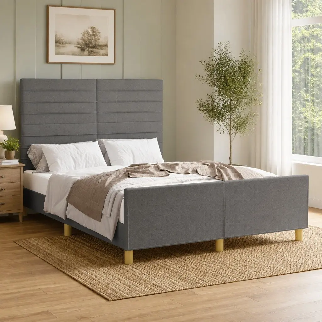 Double Bed Frame Grey Fabric Headboard 137x187cm Bedroom