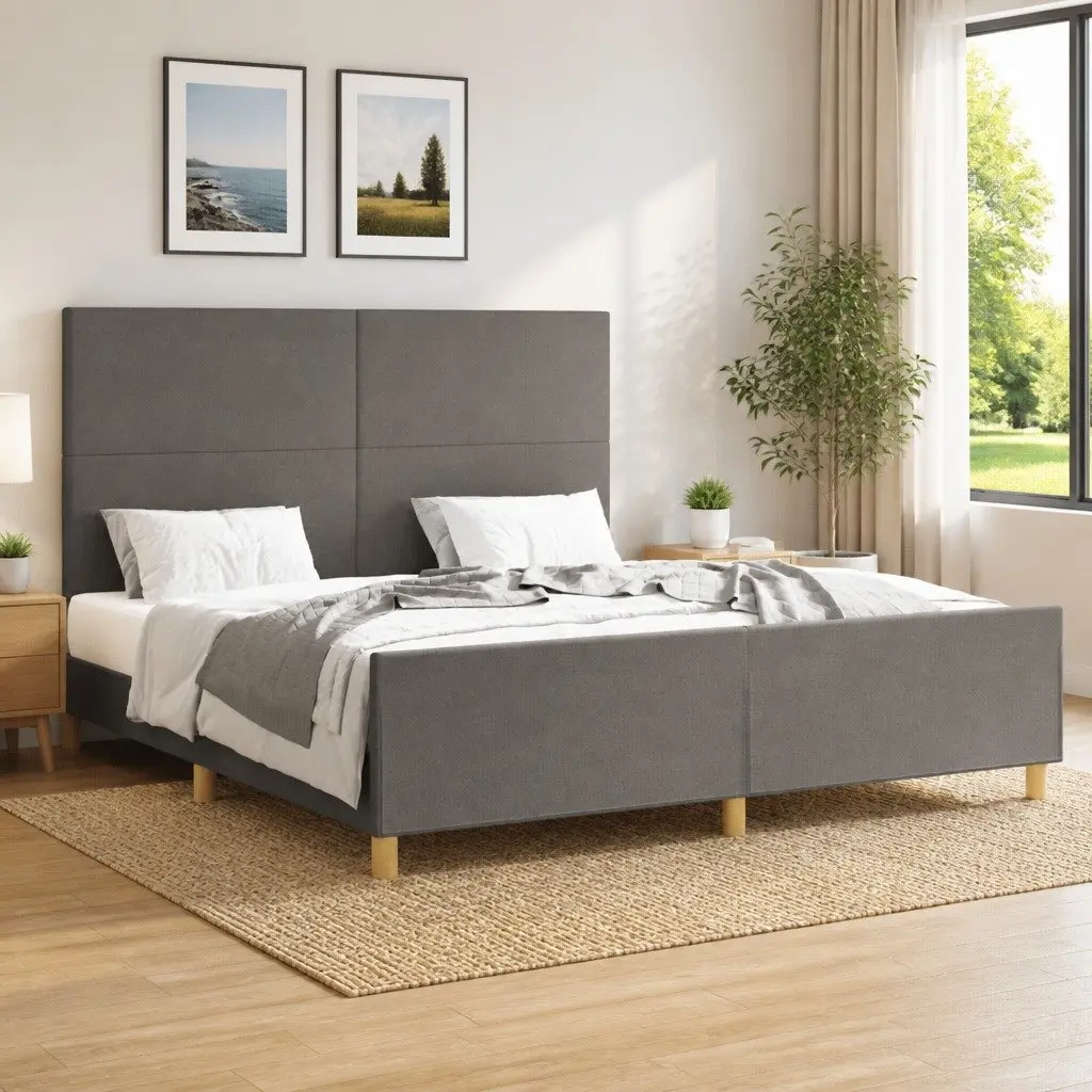 Queen Bed Frame Grey Fabric Headboard 152x203cm Bedroom Furniture No Mattress