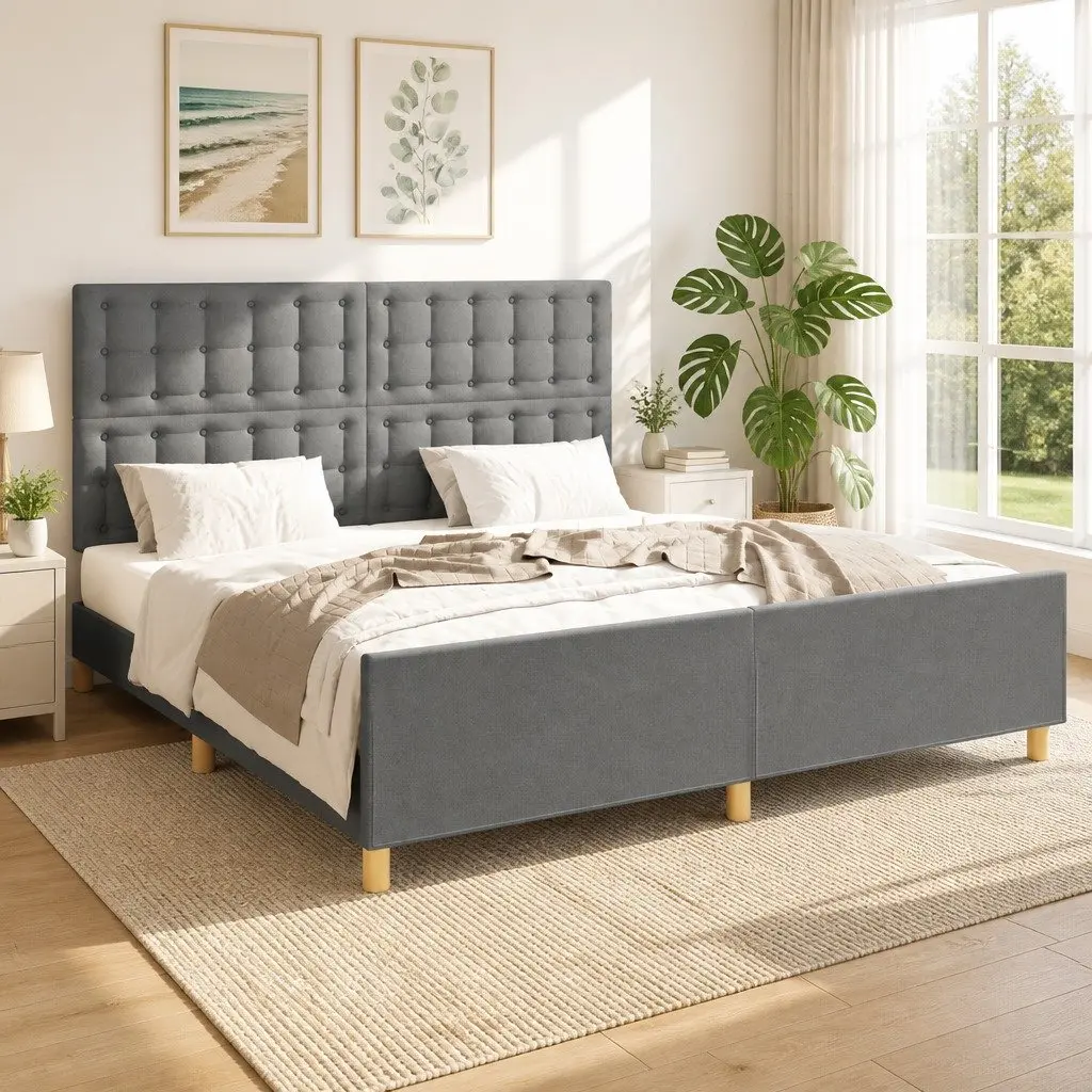 Queen Bed Frame Grey Fabric Headboard Bedroom Furniture 152x203cm