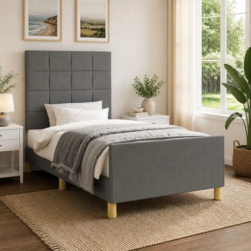 King Single Bed Frame Grey Fabric Headboard Adjustable Height Plywood Slats