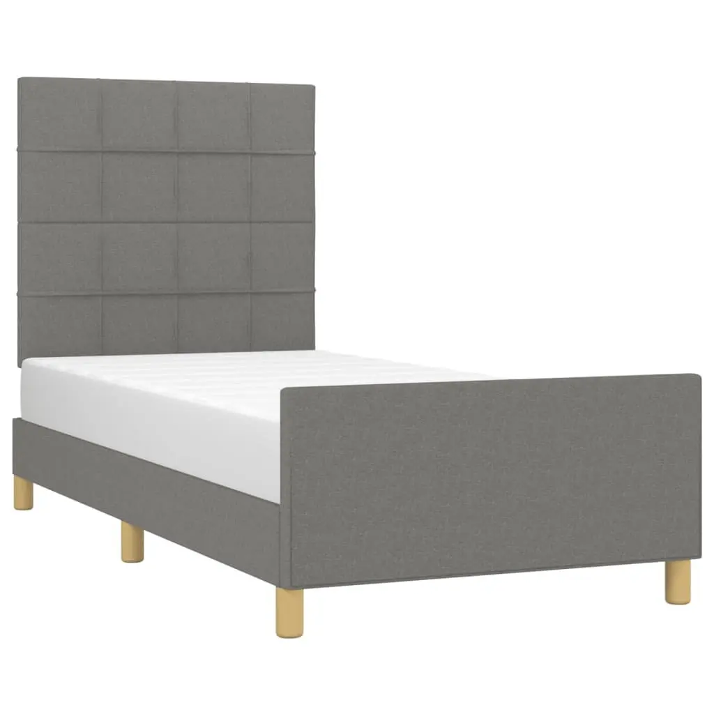King Single Bed Frame Grey Fabric Headboard Adjustable Height Plywood Slats