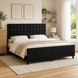 Black Faux Leather Queen Bed Frame with Adjustable Headboard