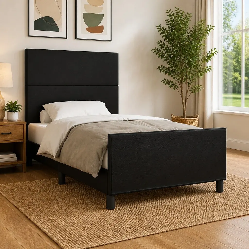 King Single Bed Frame with Headboard 107x203cm Black Velvet Faux Leather No