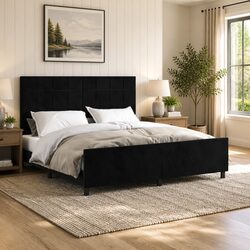 Queen Bed Frame 152x203cm Black Velvet Headboard Plywood Slats Bedroom Furniture
