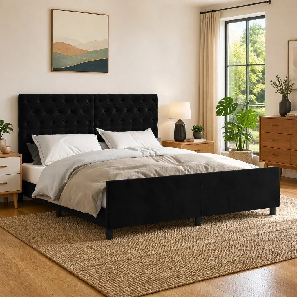 Queen Bed Frame for Bedroom 152x203cm Black Velvet Headboard Adjustable Height