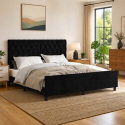 Queen Bed Frame 152x203cm Black Velvet Headboard Adjustable Height Bedroom