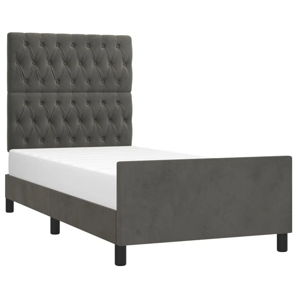 King Single Bed Frame Grey Velvet Headboard Adjustable 107x203cm No Mattress
