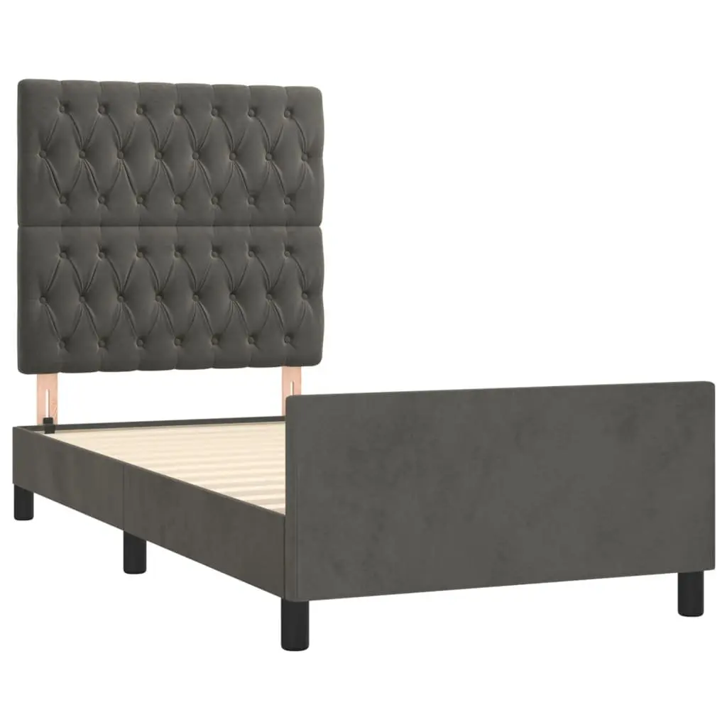 King Single Bed Frame Grey Velvet Headboard Adjustable 107x203cm No Mattress