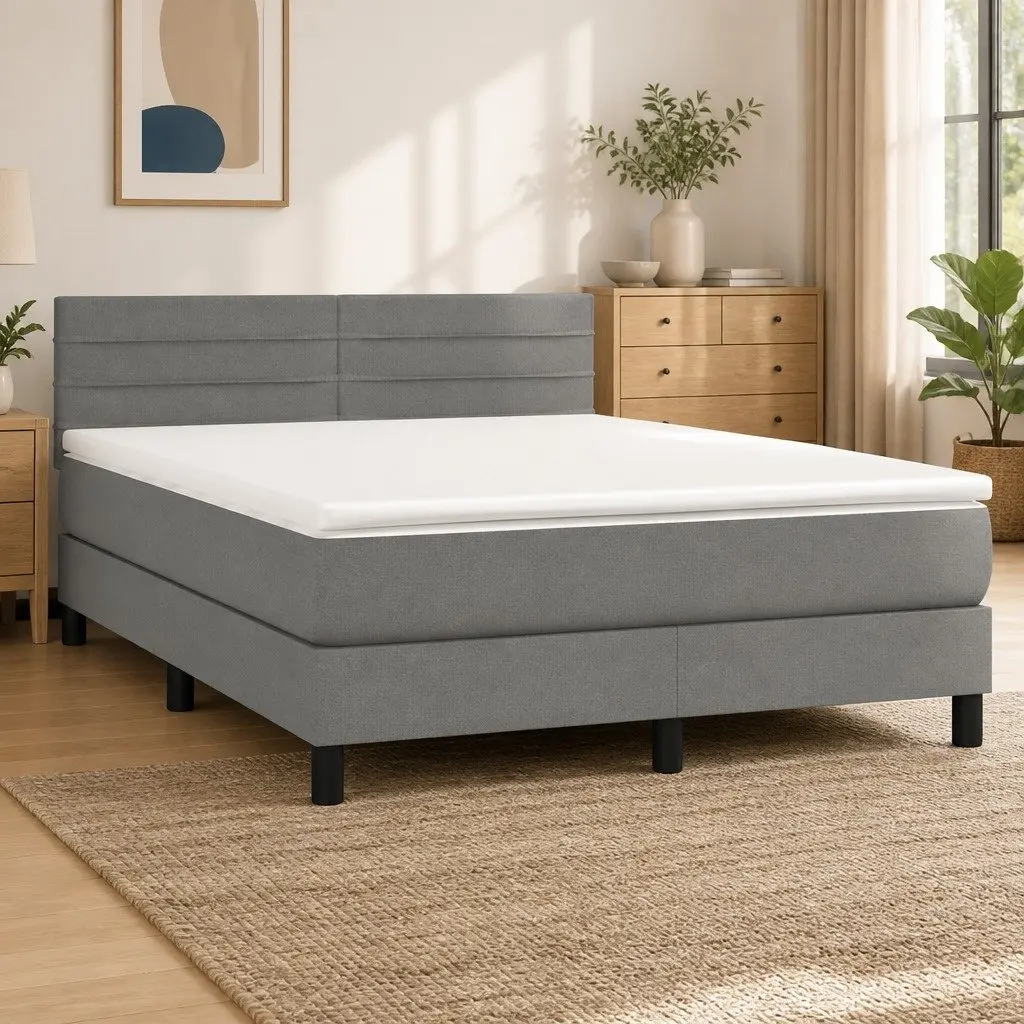 Box Spring Bed with Mattress Queen Size Dark Grey Fabric Bed Frame