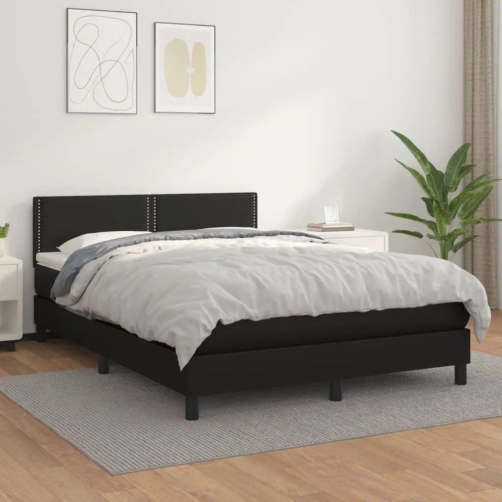 Queen Size Box Spring Bed with Pocket Spring Mattress Black Faux Leather