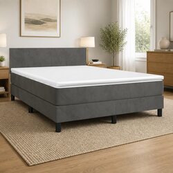 Queen Size Box Spring Bed with Pocket Spring Mattress Grey Velvet Headboard
