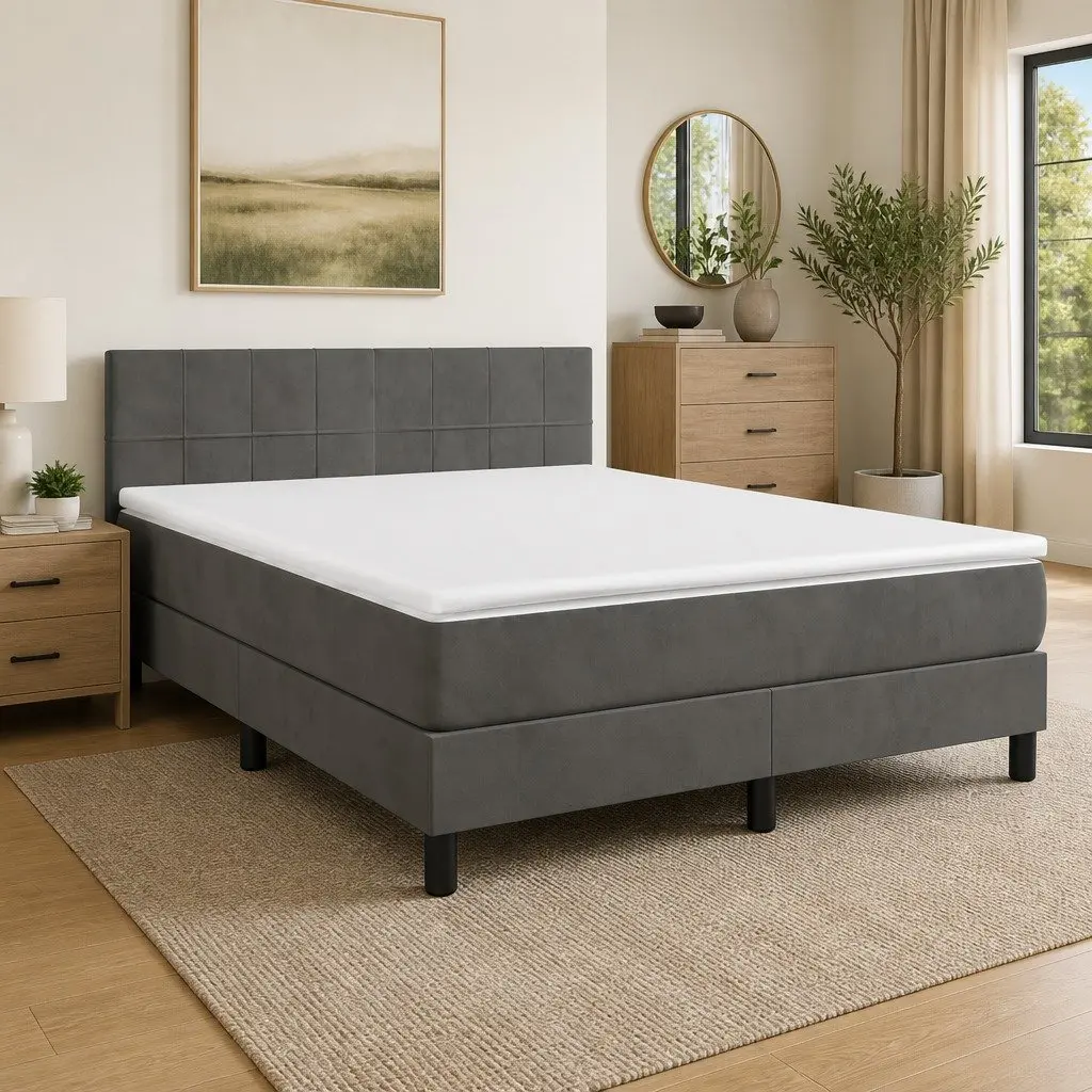 Queen Size Dark Grey Box Spring Bed with Pocket Spring Mattress, 153x203 cm