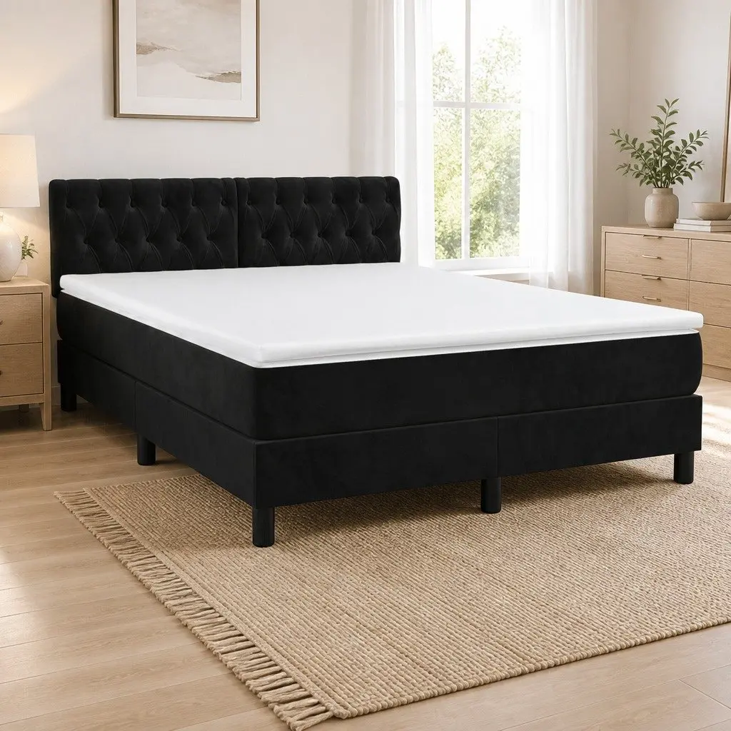Queen Size Box Spring Bed with Pocket Mattress Black Velvet Adjustable Headboard