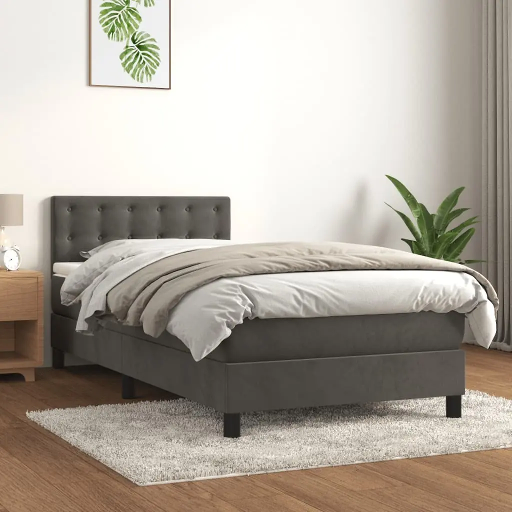 Box Spring Bed King Single Grey Velvet 106x203cm