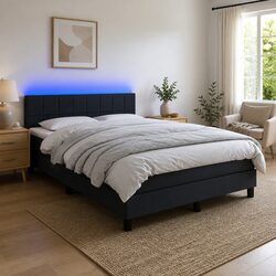 Queen Size Box Spring Bed with Pocket Spring Mattress LED Headboard Grey Fabric