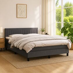Queen Size Box Spring Bed with Pocket Spring Mattress LED Headboard Grey Fabric