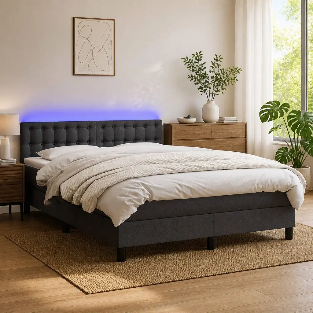 Queen Size Box Spring Bed with Pocket Spring Mattress LED Headboard Grey Fabric