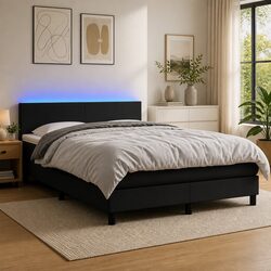 Queen Size Box Spring Bed with Pocket Mattress LED Headboard Black Faux Leather