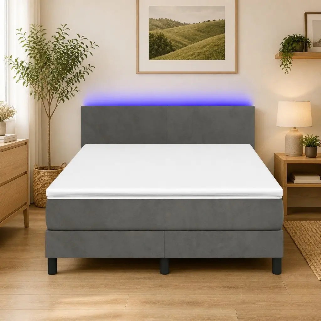 Box Spring Bed with Pocket Spring Mattress and Adjustable LED Headboard for Bedroom Queen Size Dark Grey