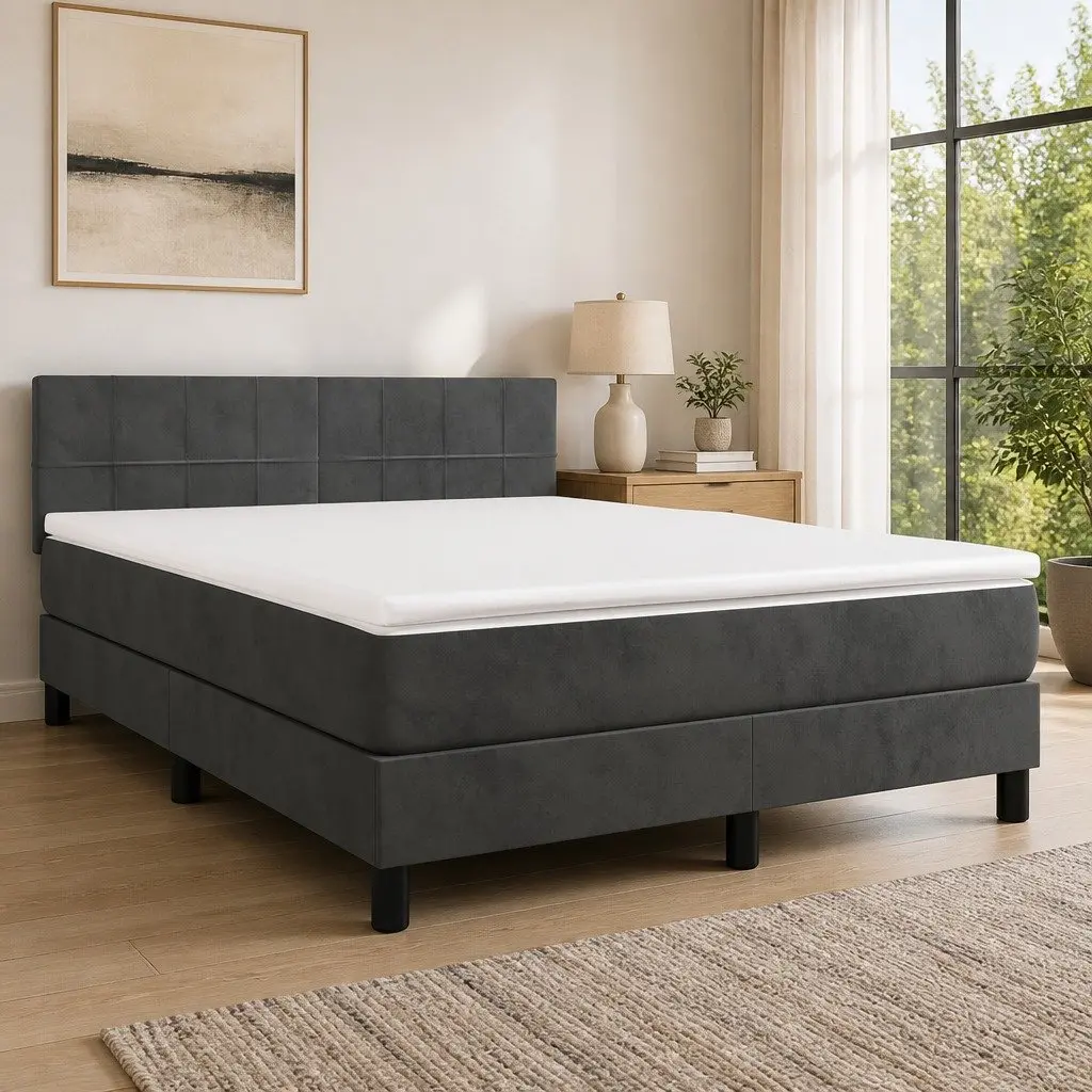 Queen Size Box Spring Bed with Pocket Spring Mattress and LED Headboard Grey Velvet