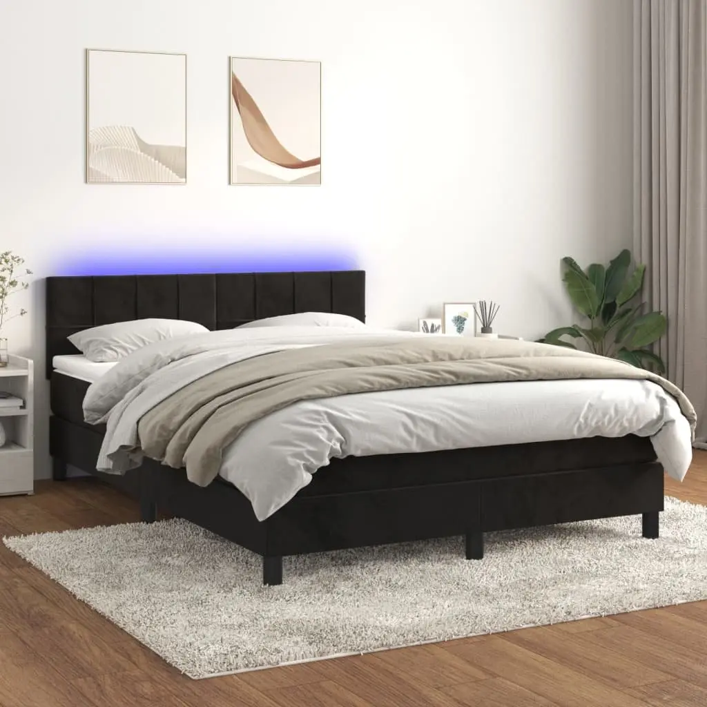 Queen Box Spring Bed with Pocket Spring Mattress and LED Headboard Black Velvet 152 x 203 cm