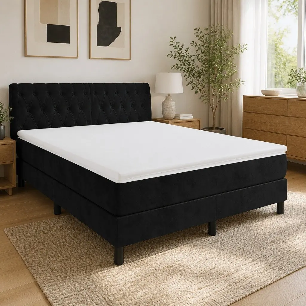 Queen Size Box Spring Bed with Velvet Headboard and Pocket Spring Mattress LED Lighting 152x203cm