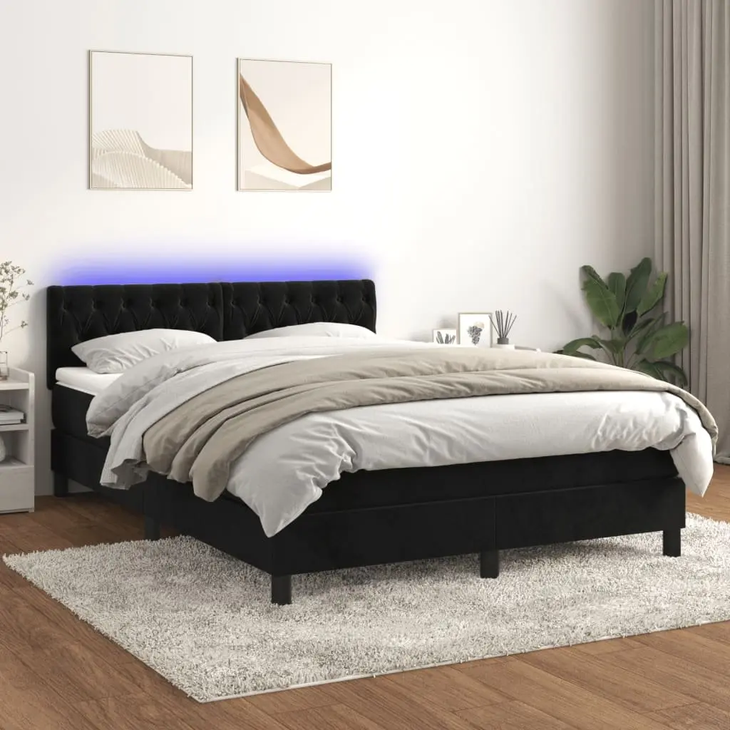 Queen Size Box Spring Bed with Velvet Headboard and Pocket Spring Mattress LED Lighting 152x203cm