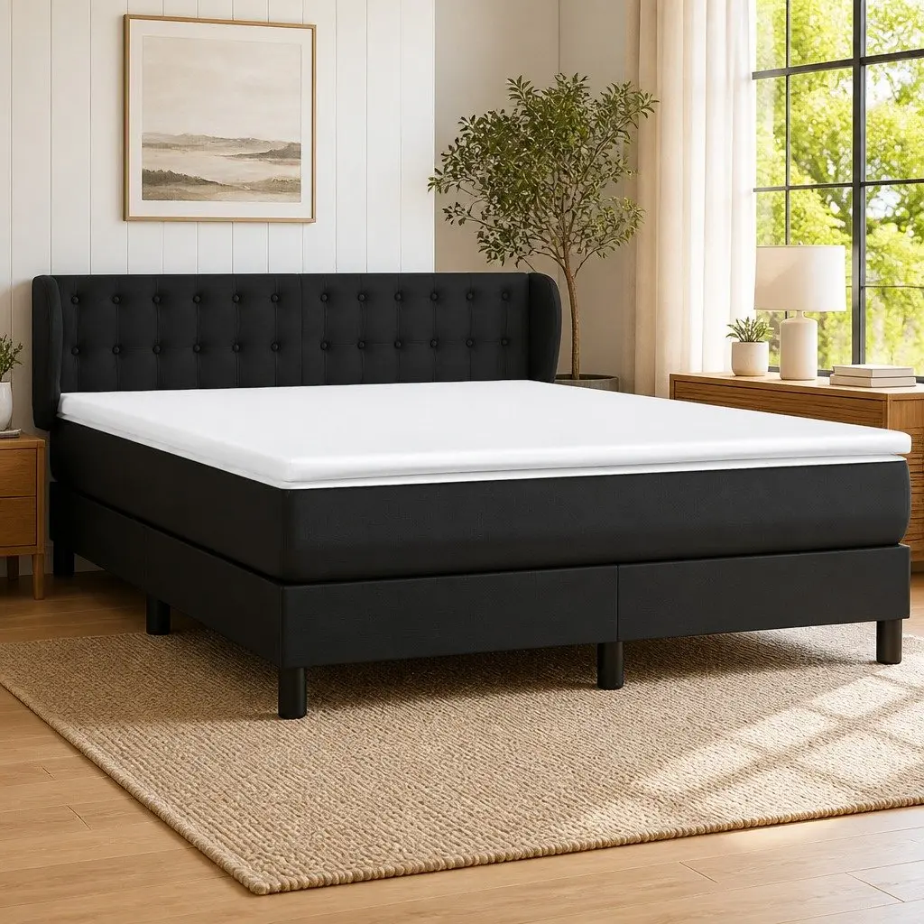 Queen Size Box Spring Bed with Pocket Spring Mattress Black Faux Leather