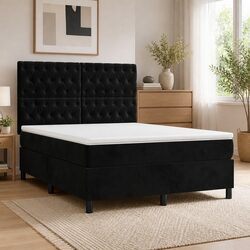 Box Spring Bed with Mattress Double Size Black Velvet Adjustable Headboard