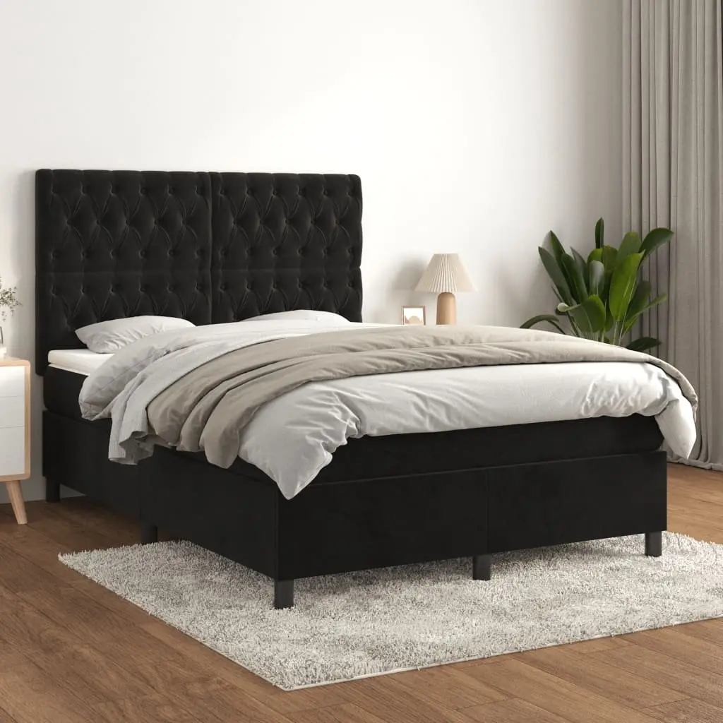 Box Spring Bed with Mattress Double Size Black Velvet Adjustable Headboard