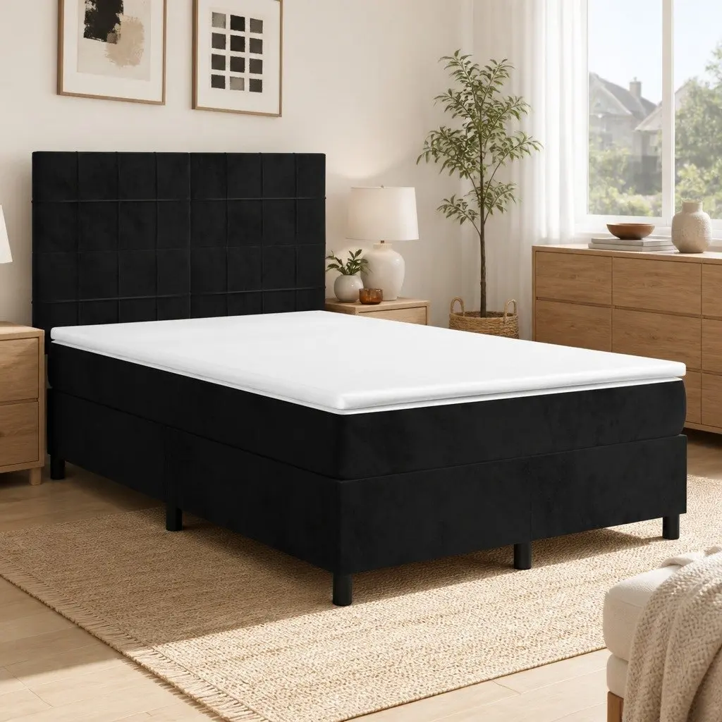 Box Spring Bed with Pocket Spring Mattress for Bedroom Queen Size Black Velvet 153x203cm
